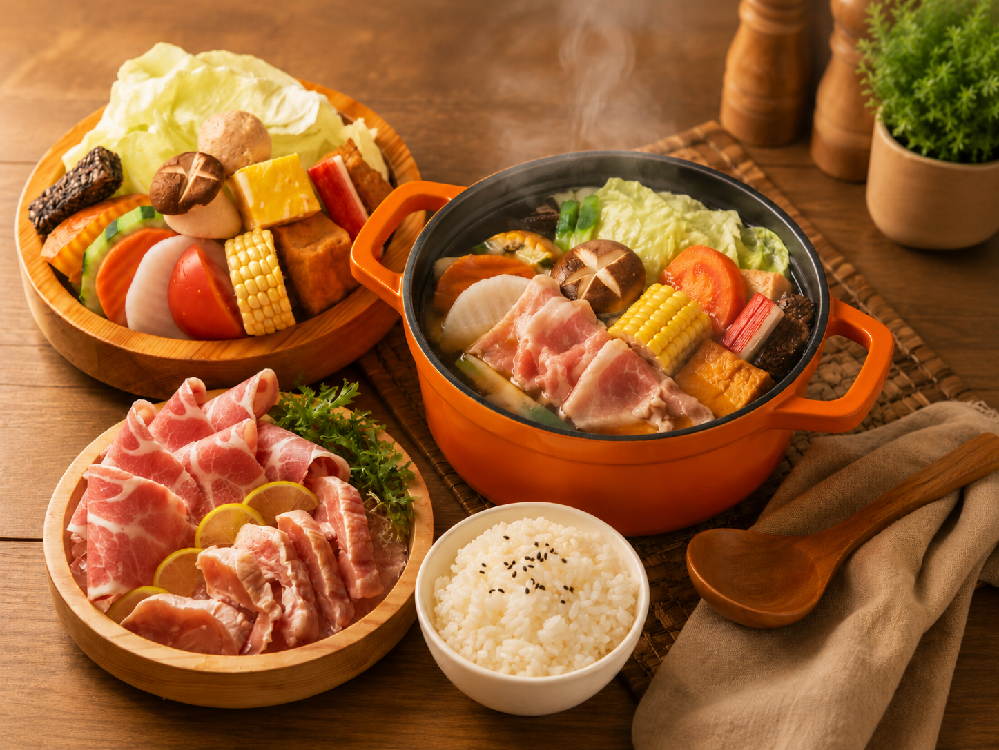 胖兔鍋有菜有肉有熱湯與白飯的完整一餐