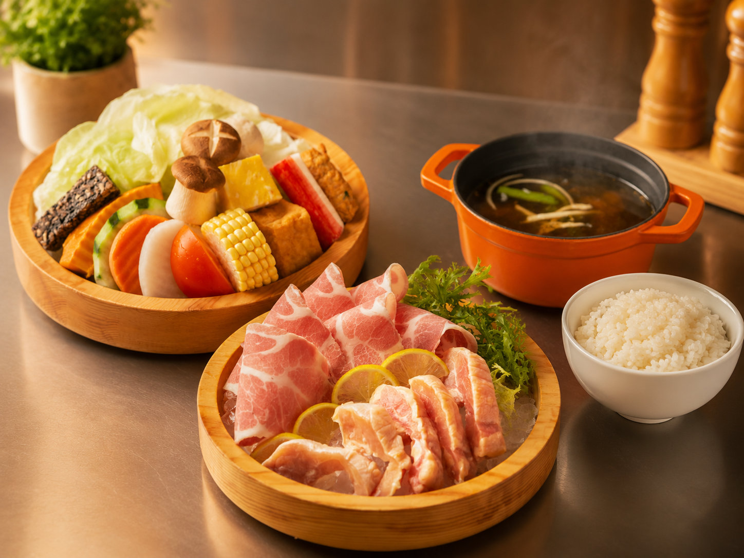 胖兔鍋蔬菜肉品熱湯與白飯完整一餐